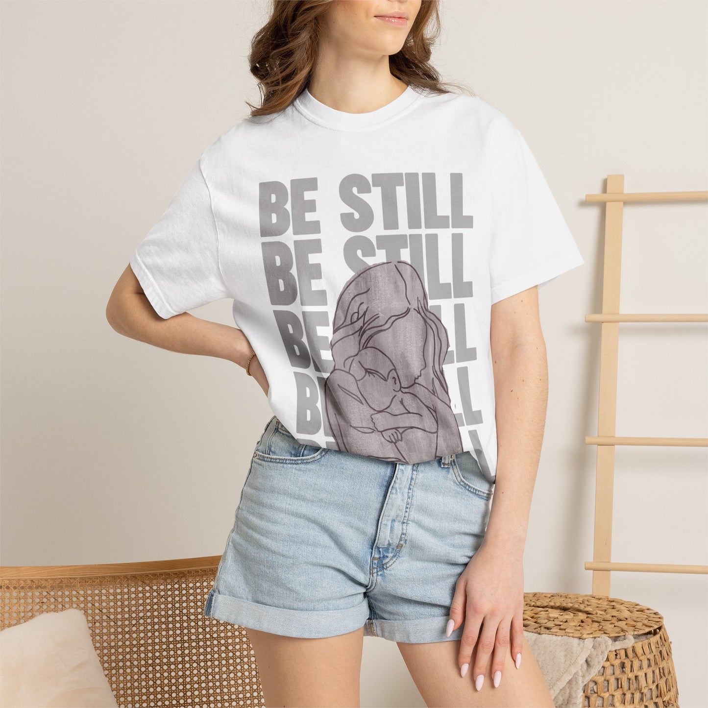 Be Still in Motherhood T-Shirt — Balancer of Chores + Cuddles, Messes + Magic