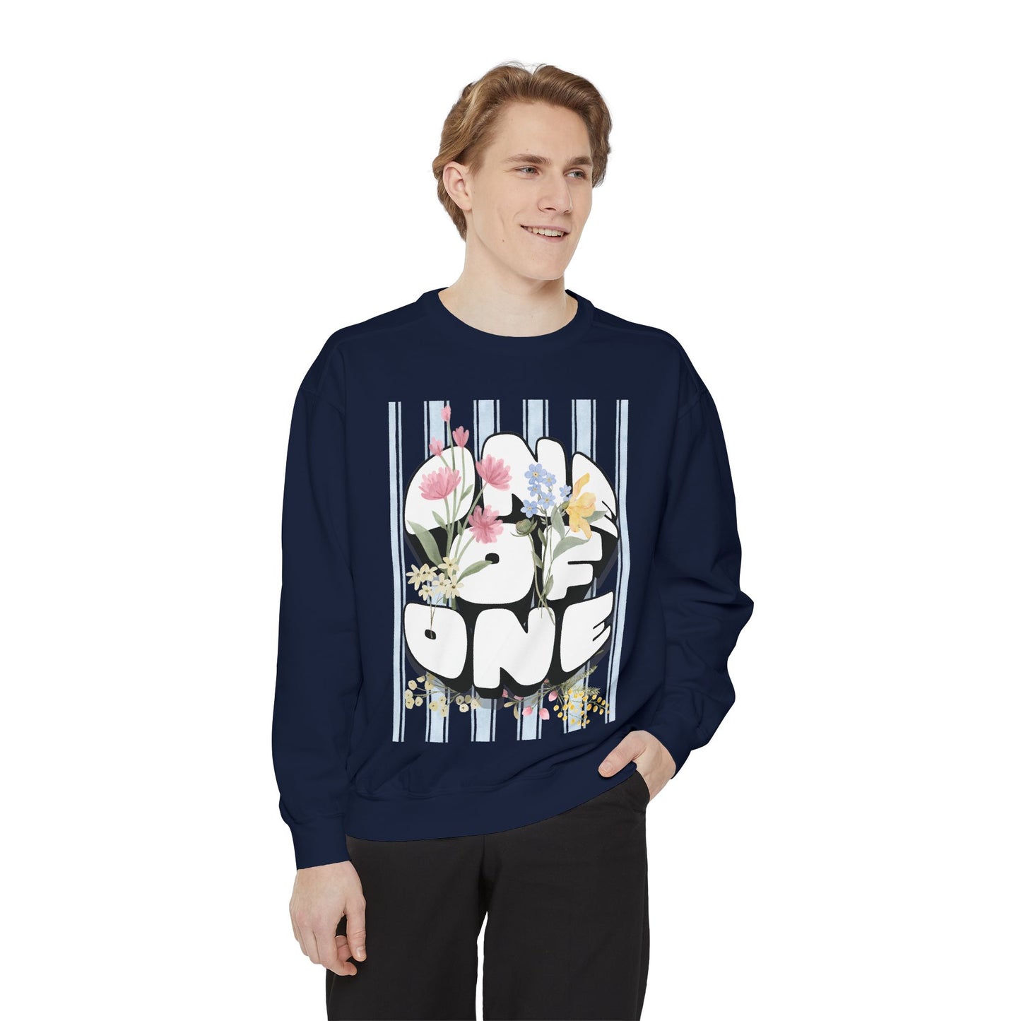Love One Floral Sweatshirt — Retro Stripe Heart Graphic Crewneck