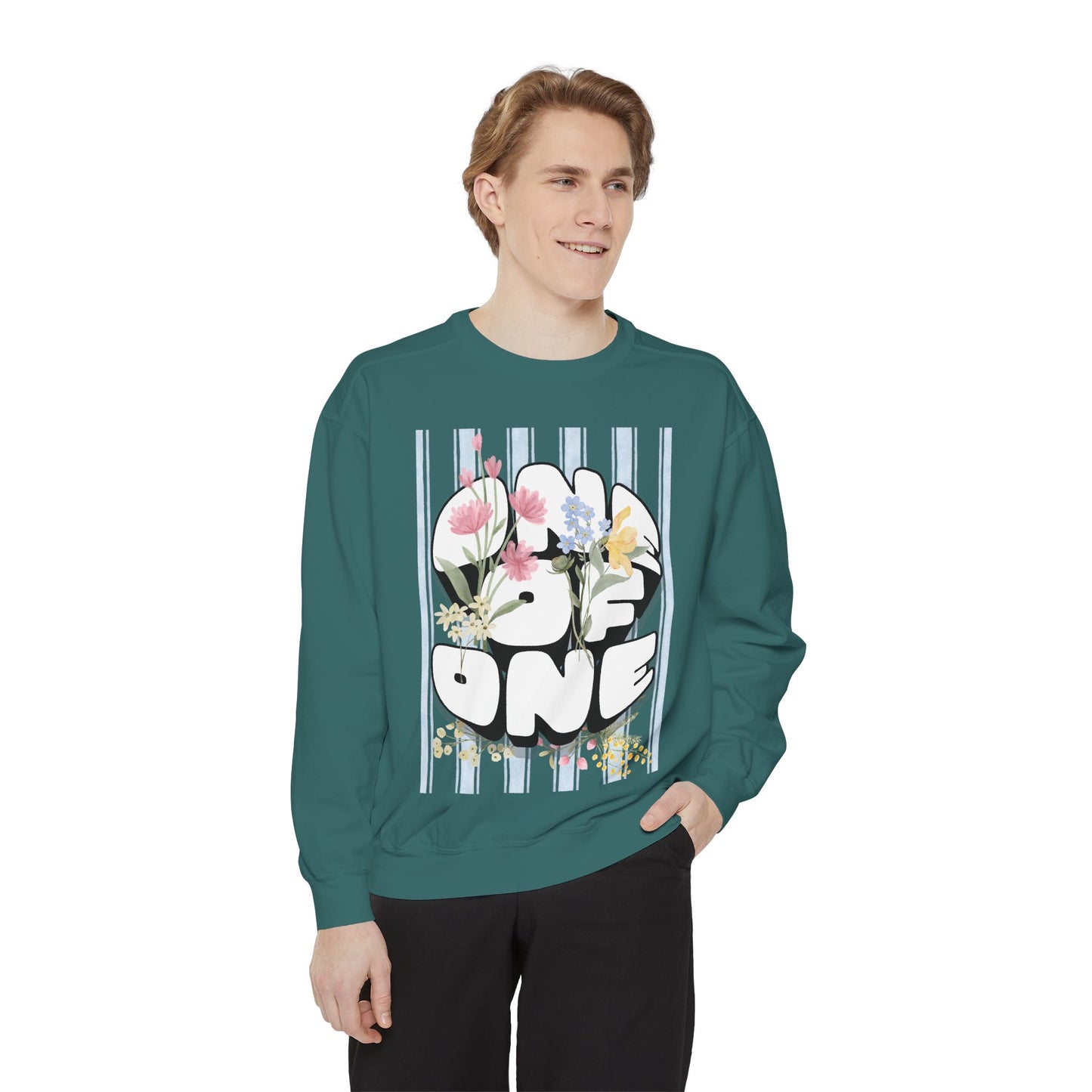 Love One Floral Sweatshirt — Retro Stripe Heart Graphic Crewneck